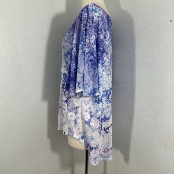Concepts Blouse Womens XXL Multi Floral Rhinestone Flutter Sleeve High Low Top - Picture 2 of 9